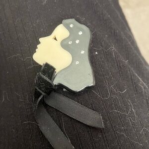 Vintage French Lucite woman, pin brooch, rhinestone velvet